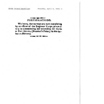 1824 RI Republican Article Fortifications at Benton's Point