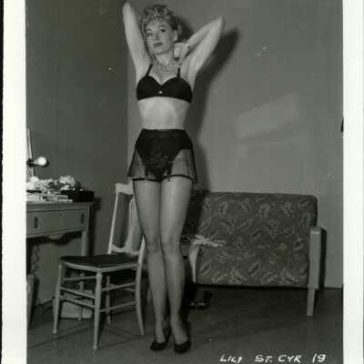 Photo - Lili St Cyr - B&W Black bra, panties, garter set with sheer skirt "Lili St Cyr 19"