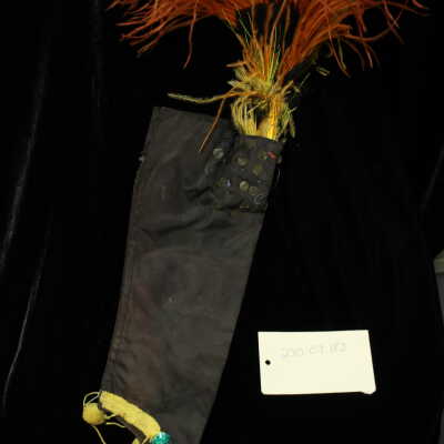 Costume - gauntlet, black, yellow trim with feathers, sequins and crystals