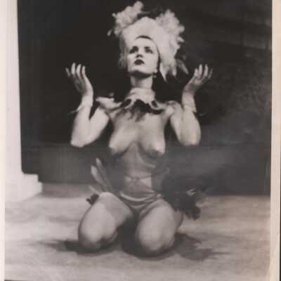 Photo - Zandra written on back, B&W pasties & panty, feather headdress and bustle "S&S Film Production
