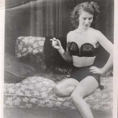 Photo - Dona Hunter written on back B&W bra & panty "S&S Film Production"