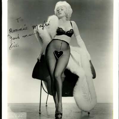 Photo - Dixie Evans B+W signed to Ronnie Magre, Maurice Seymour Studio, NY Contact info, The Sensational Dixie Evans, heart merkin, white fur