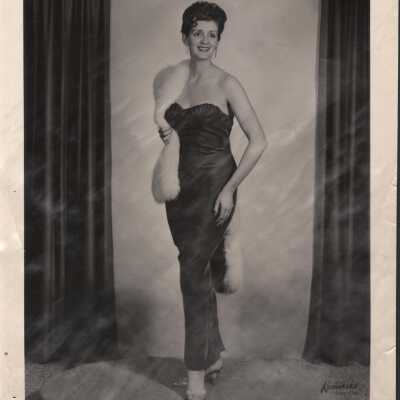 Photo - B+W- Tina Jones- gown + fur, name written on back