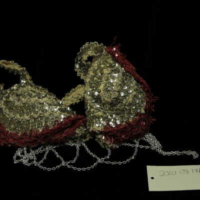 Costume - bra, silver, silver sequin with pink sequin trim & chain strains