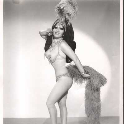 Photo - Sabina Savan B&W, pasties, panties, headdress "From Istanbul Turkey" Property of Dixie Evans on back