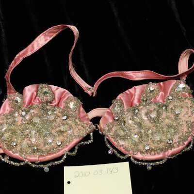 Costume - Bra pink & white sequin, silver beading w/ rhinestone