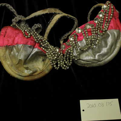 Costume - bra, silver & pink, silver bead strands with sequin straps