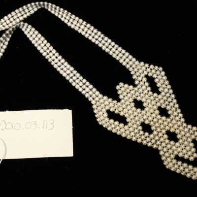 Costume - Jewelry - necklace-brass-white rhinestones in geometric pattern, peach ribbon back