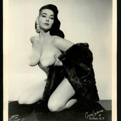 Photo - Sally the Shape-B+W-Wearing pasties;has a fur coat or blanket