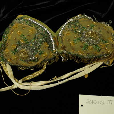 Costume - bra, yellow, green/yellow bedding with clear rhinestones