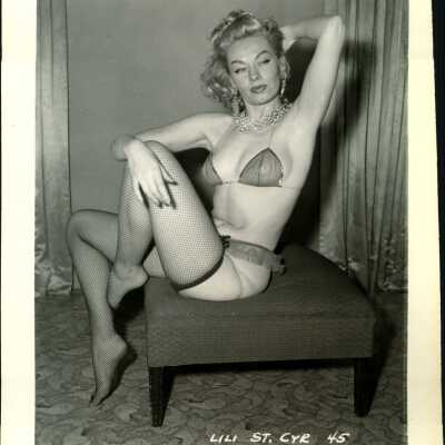 Photo - Lili St Cyr - B&W Sheer triangle bra, fishnets, panties "Lili St Cyr 45" in bottom right
