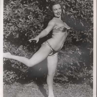 Photo - BB Hughes & BB Berto written on back strapless bra & panty, outdoor active shot "S&S Film productions"