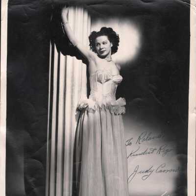 Photo - Judy Carrow, B&W. wearing gown. signed "To Rolando" in ink on front." in ink on front