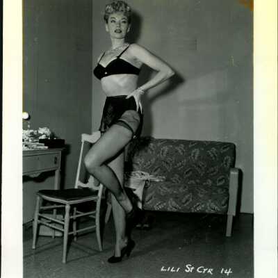 Photo - Lili St Cyr - B&W - black bra, panties, garter set with sheer skirt "Lili St Cyr 14"