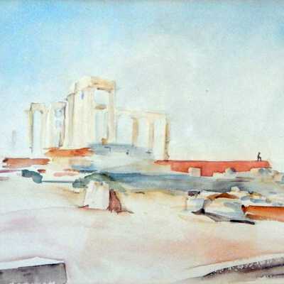 Cape Sounion Watercolor, Artist Unknown