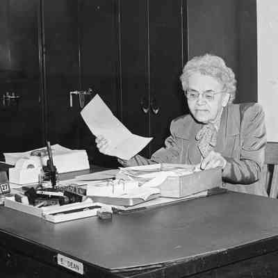 Ohio Geological Survey P098.1199: Ethel S. Dean organizing papers in Orton Hall room 106 on the campus of The Ohio State University in 1954. 

Photo by Fletcher Twitty, Archived by Lisa Van Doren