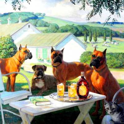 Untitled (Portrait of Four Dogs and a Cat), Tom Lovell, Oil Painting