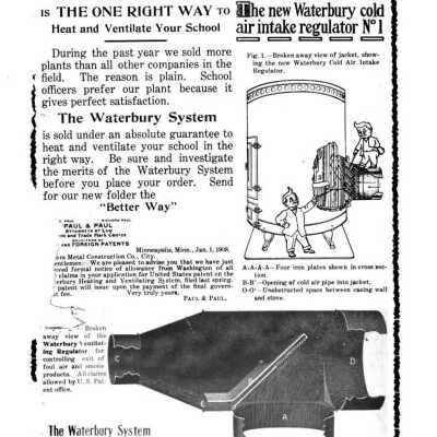 advertisement for the Waterbury System from the January 1908 School Education journal from Minneapolis, Minnesota, from Google Books. https://www.google.com/books/edition/School_Education/euYBAAAAYAAJ?hl=en&gbpv=1&dq=waterbury+system+stoves&pg=RA1-PA58&printsec=frontcover