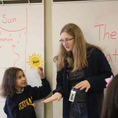 Ohio Geological Survey IMG_8708: Alexis Lanier leading second grade students through the water cycle at an Ohio Geological Survey outreach program. 
Photo and archived by Molly E. Hunt