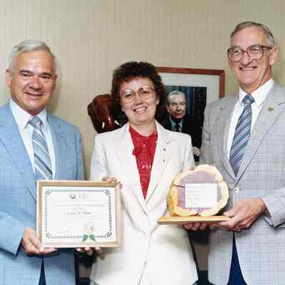 Ohio Geological Survey P101.4247: August 1982 Ohio Department of Natural Resources Employee of the Month. Madge Fitak with Bob Teater (Right), Buzz Collins (Left)
Archived by Lisa Van Doren