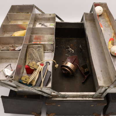Wooden Tackle Box with Various Lures and Bobbers