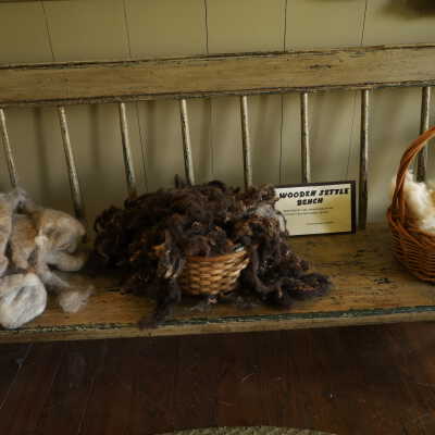 Wooden Settle Bench with Wool Samples