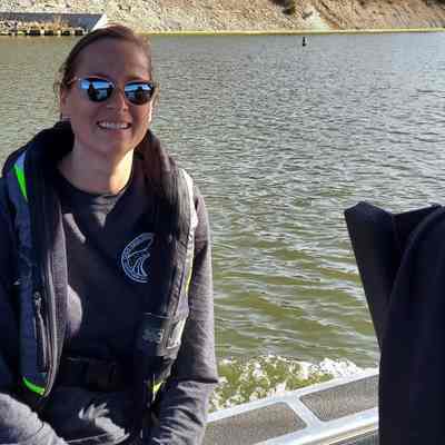 Ohio Geological Survey IMG_2021: Mindy Thomas photographed on RV Erigan at Acton Lake (Butler and Preble Counties) in 2022.
Photo by Jeffery Deisher. Archived by Molly E. Hunt