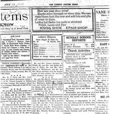 Kniss Shoe Repair Shop Ad in The Liberty Center Press-May 17, 1934