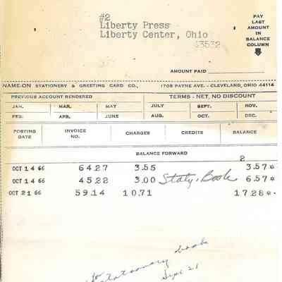 The Liberty Press Invoice From Name-On Stationery & Greeting Card Co., Cleveland, Ohio