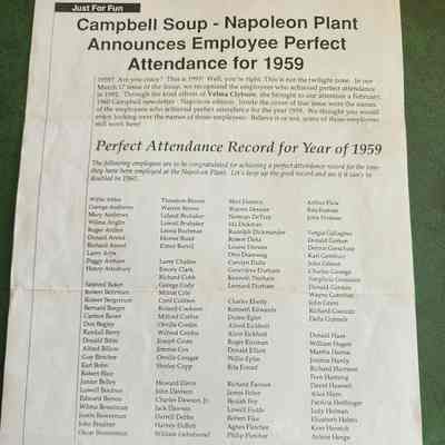 1959 Campbell Soup Company Perfect Attendance Record for the Year