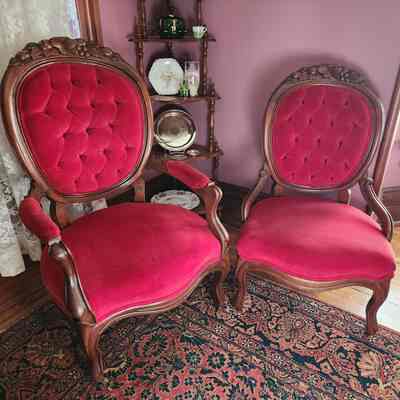 Victorian 1890's His & Hers Walnut Carved, Velvet Tufted Chairs
