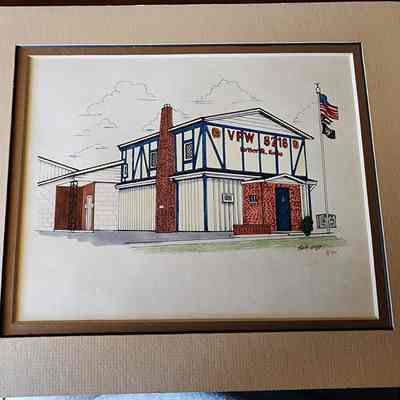 Ink Drawing, Color, By Robert Heft, Matted, VFW Post 8218, Napoleon, Ohio