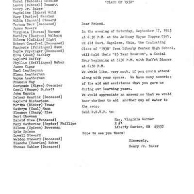 Liberty Center Class of 1938 45th Reunion Invitation and Program