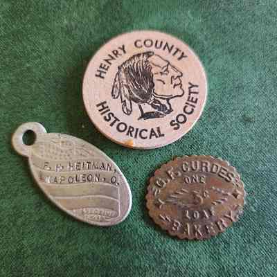 Curdes Bakery, Henry County Historical Society Wooden Nickle, FW.Heitman Award Tokens
