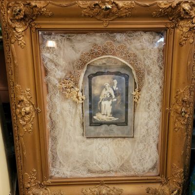 Late 1800's Bridal Veil, Headpiece, Gardner Cabinet Card of Couple, Wood Ornate Frame, Glass