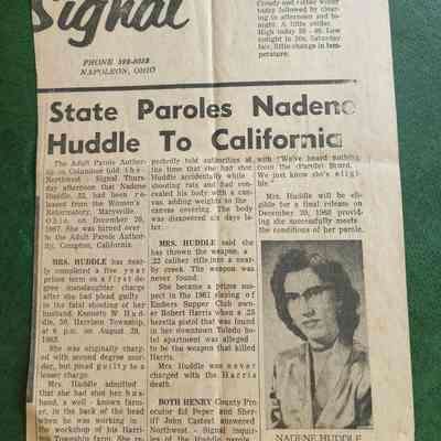 1968 Northwest Signal Clipping: Nadine Huddle Murdered Husband & Pos. Mr. Harris of the Scenic SupperClub. Request for Parole News