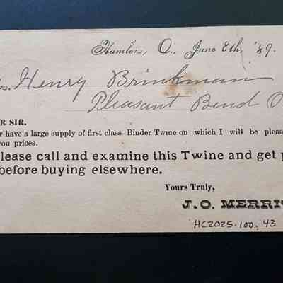 1889 Postcard to Henry Brinkman of Pleasant Bend, Oh from J.O.Merritt of Hamler, Oh re: Binder Twine