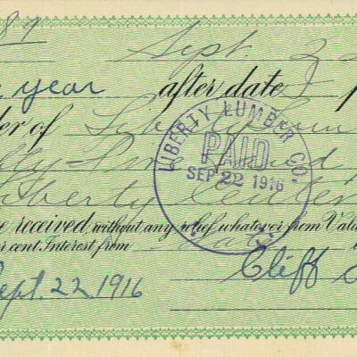 1915 Promissory Note to Liberty Lumber Company signed by Cliff Smith