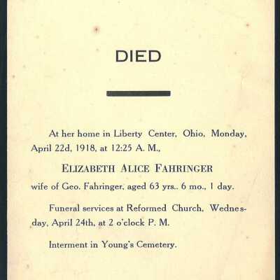 Death Notice of Elizabeth Alice Fahringer