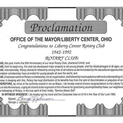 Liberty Center Rotary Club Proclamation from Mayor 1942-1992