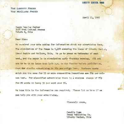 The Liberty Press Publishing Company Letter to Sears Hearing Center on Advertising Prices