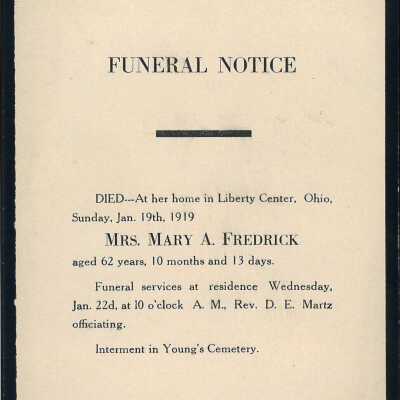 Death Notice of Mary A. Fredrick