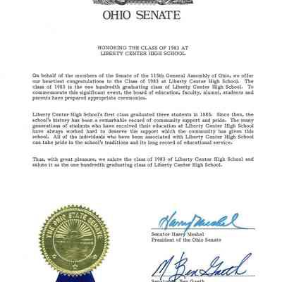 Ohio Senate Citation for Liberty Center High School's 100th year 1983 Class
