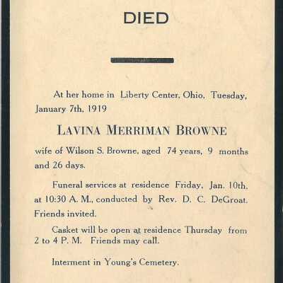 Death Notice of Lavina Merriman Browne