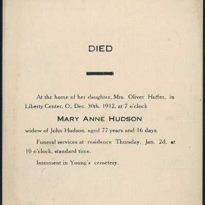 Death Notice of Mary Anne Hudson