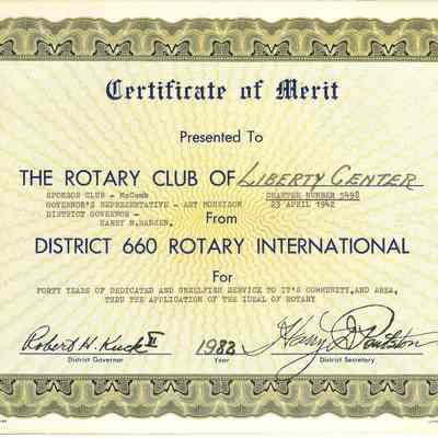 Liberty Center Rotary Club Certificate of Merit for Community Service