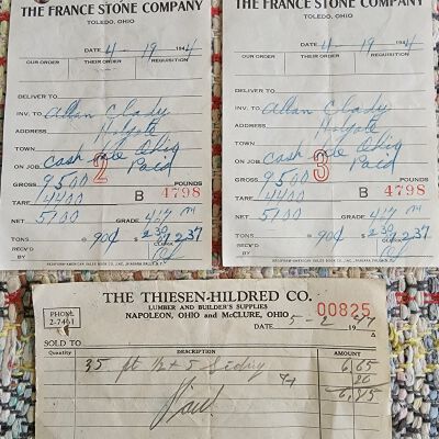 Thiesen-Hildred Co Lumber & Supply Receipt, 1947, (2) France Stone Receipts 1944