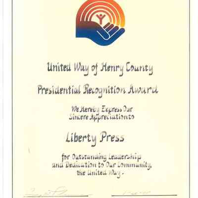 United Way of Henry County Certificate of Appreciation to The Liberty Press, January 25, 1988