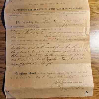1890 Collectors Certificate of Registry, Cigar Manufacturing