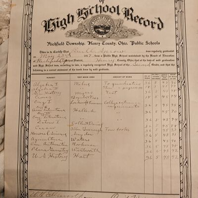 Richfield Twp, Henry County, Burl L. Sprow Report of Grades, 1917